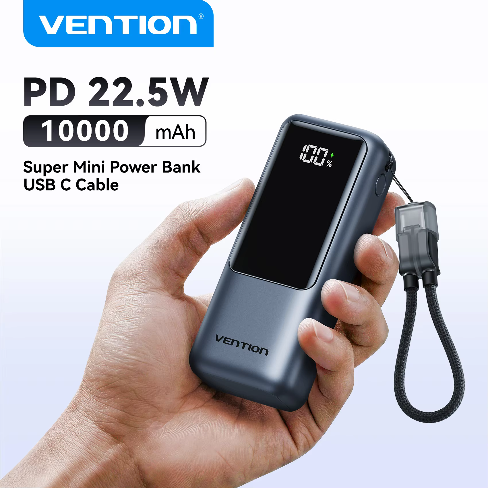 벤션 10000mAh 미니 보조배터리 22.5w 휴대용 충전기 내장 USB C 케이블 PD 3.0 고속 충전 아이폰 17 삼성 S25 S24용 이미지 1