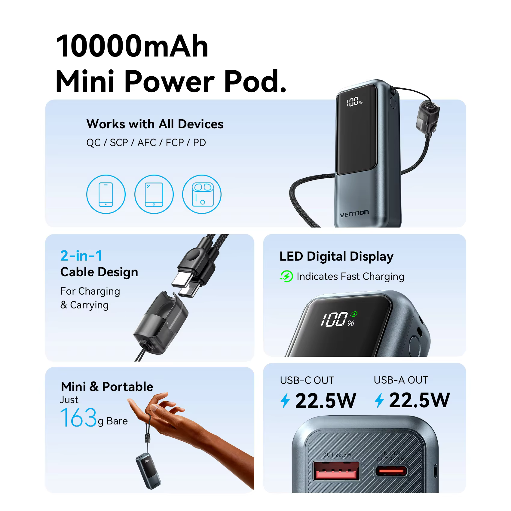 벤션 10000mAh 미니 보조배터리 22.5w 휴대용 충전기 내장 USB C 케이블 PD 3.0 고속 충전 아이폰 17 삼성 S25 S24용 이미지 2