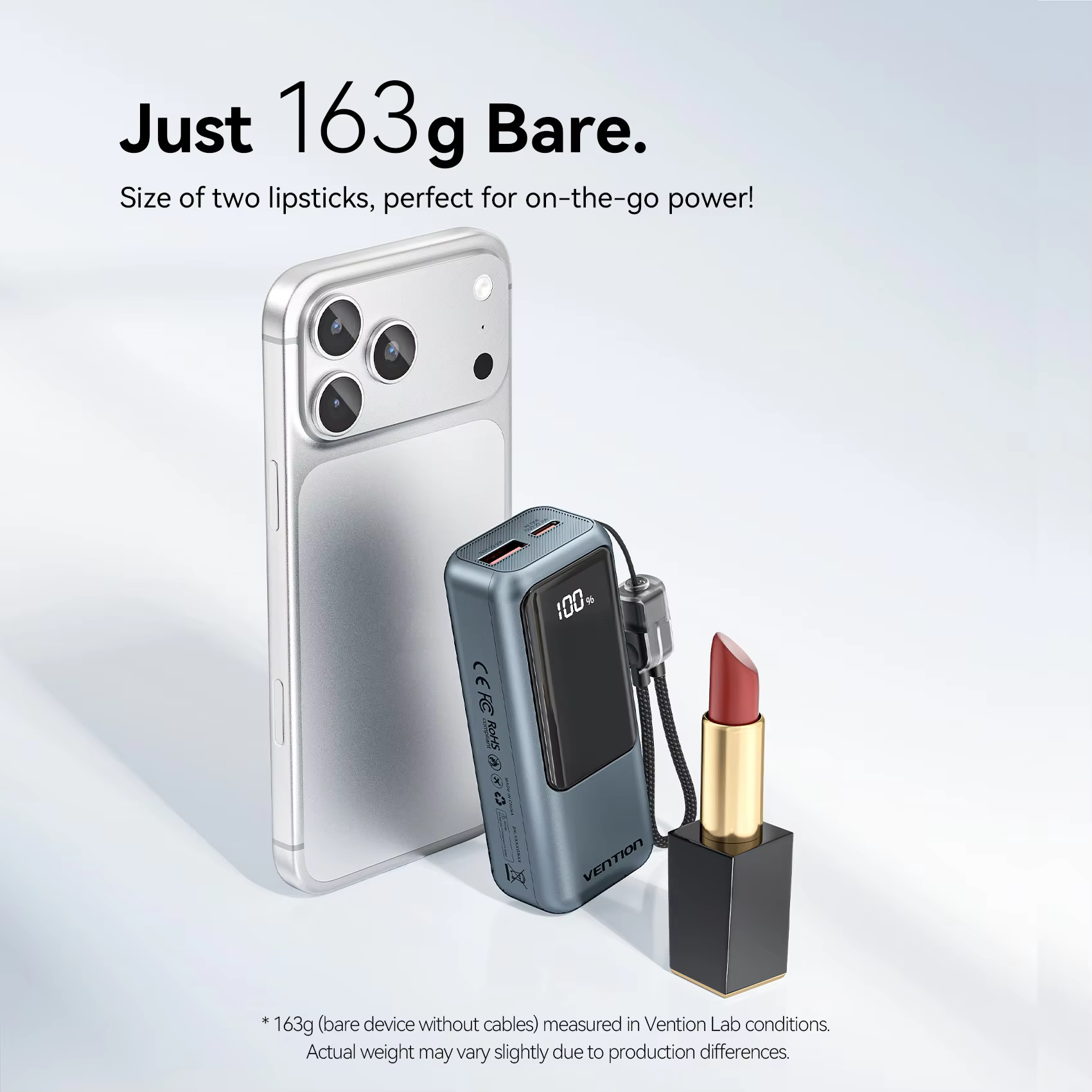 벤션 10000mAh 미니 보조배터리 22.5w 휴대용 충전기 내장 USB C 케이블 PD 3.0 고속 충전 아이폰 17 삼성 S25 S24용 이미지 3
