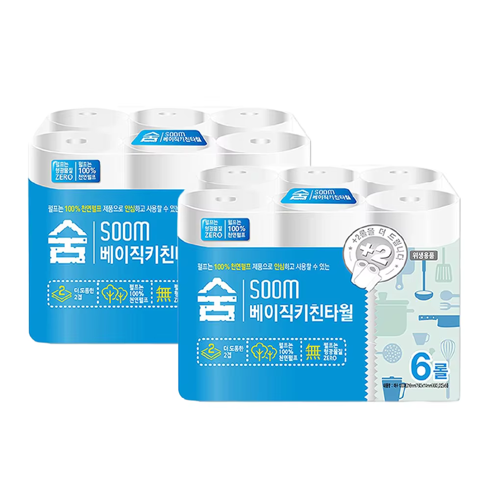 [국내제조] Soom 베이직 키친타올 6롤 2팩 천연펄프 무형광 이미지 1