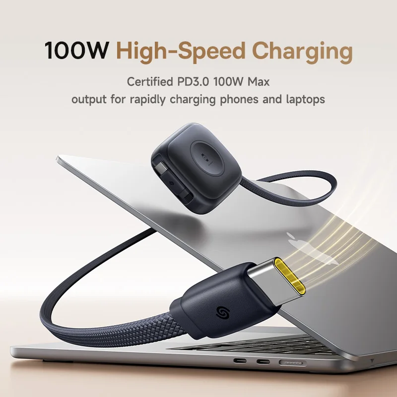 베이스어스 100W 접이식 PD QC 고속 충전 케이블 내장형 E-워치 무선 충전 USB-C 타입-C 데이터 케이블 (아이폰, 맥북용) 이미지 2