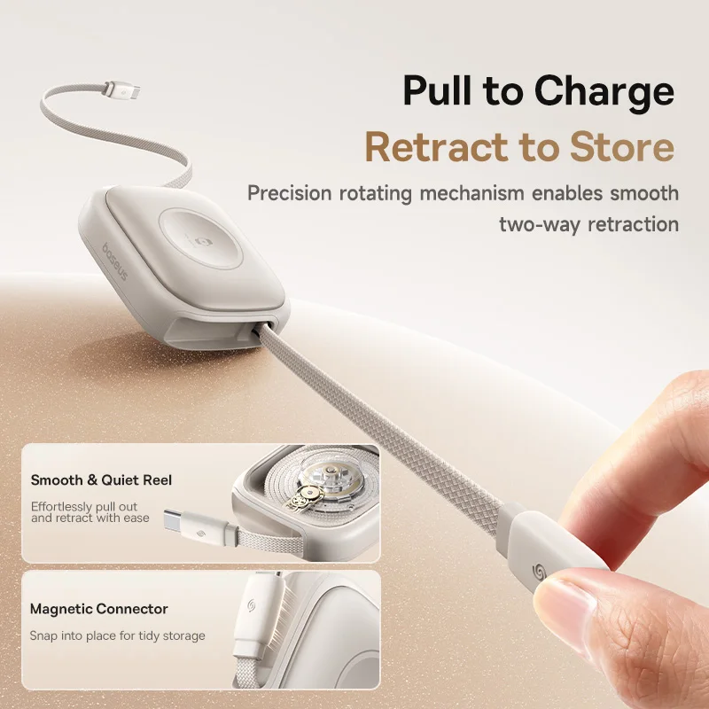 베이스어스 100W 접이식 PD QC 고속 충전 케이블 내장형 E-워치 무선 충전 USB-C 타입-C 데이터 케이블 (아이폰, 맥북용) 이미지 3
