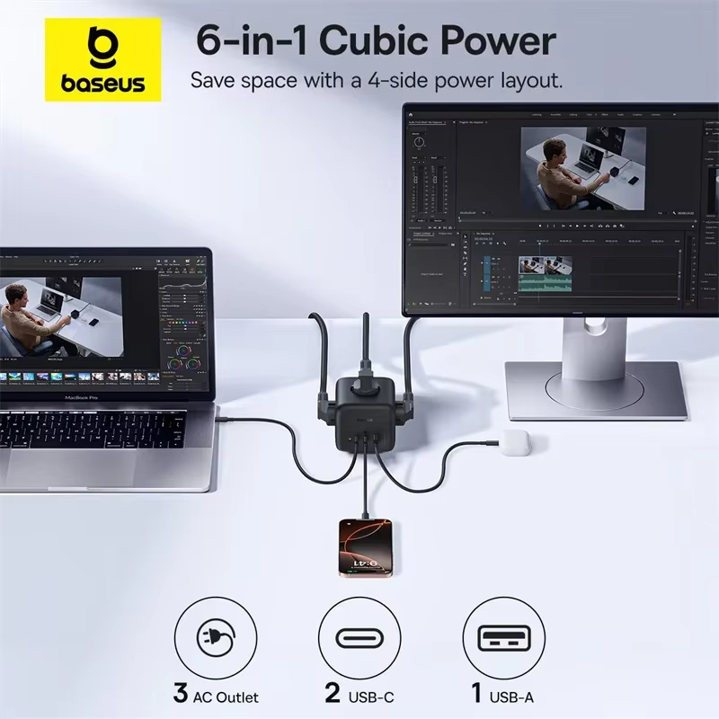 Baseus 67W GaN 고속 충전기 전원 스트립 3AC 3680W 콘센트 USB-C 노트북 iPhone 용 고속 충전 데스크탑 스테이션 Samsung Xiaomi 이미지 2
