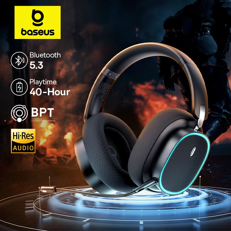 Baseus GH02 게임용 무선 헤드폰(마이크 포함) 오버이어 헤드폰 Bluetooth 5.3 40mm 드라이버 2.4G/무선/케이블 RGB 헤드셋 이미지 1