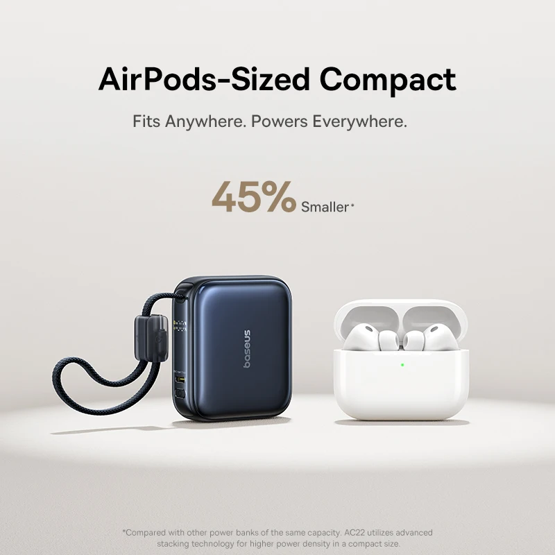 베이스어스 45W 미니 파워뱅크 10000mAh 내장 USB-C 케이블 포켓 사이즈 소형 고속 충전 휴대용 아이폰 17 삼성 S25용 이미지 2