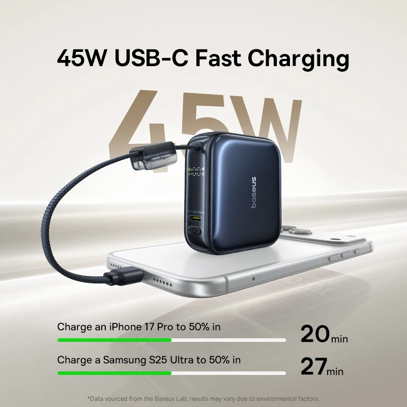 베이스어스 45W 미니 파워뱅크 10000mAh 내장 USB-C 케이블 포켓 사이즈 소형 고속 충전 휴대용 아이폰 17 삼성 S25용 이미지 3