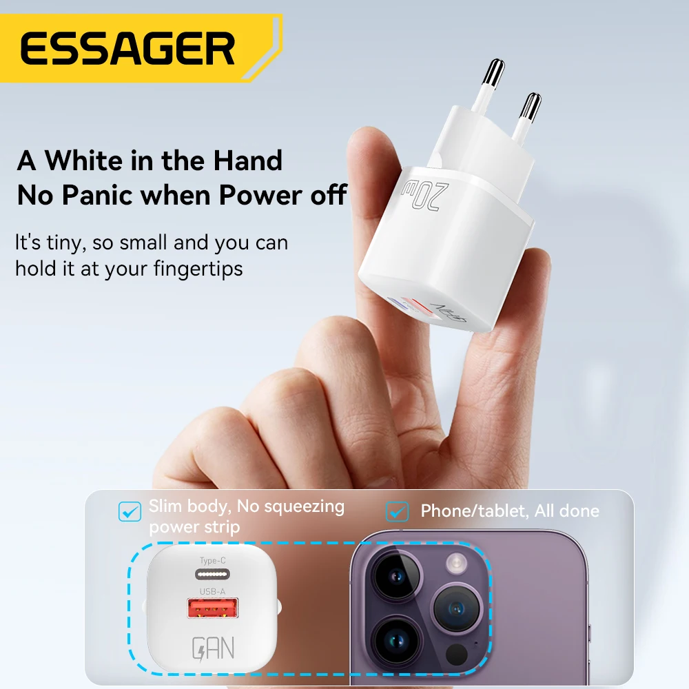 Essager 20W GaN USB 유형 C 충전기 PD 고속 충전 전화 QC 3.0 iPhone 14 13 12 11 Pro Max Mini iPad 충전용 빠른 충전기 이미지 3