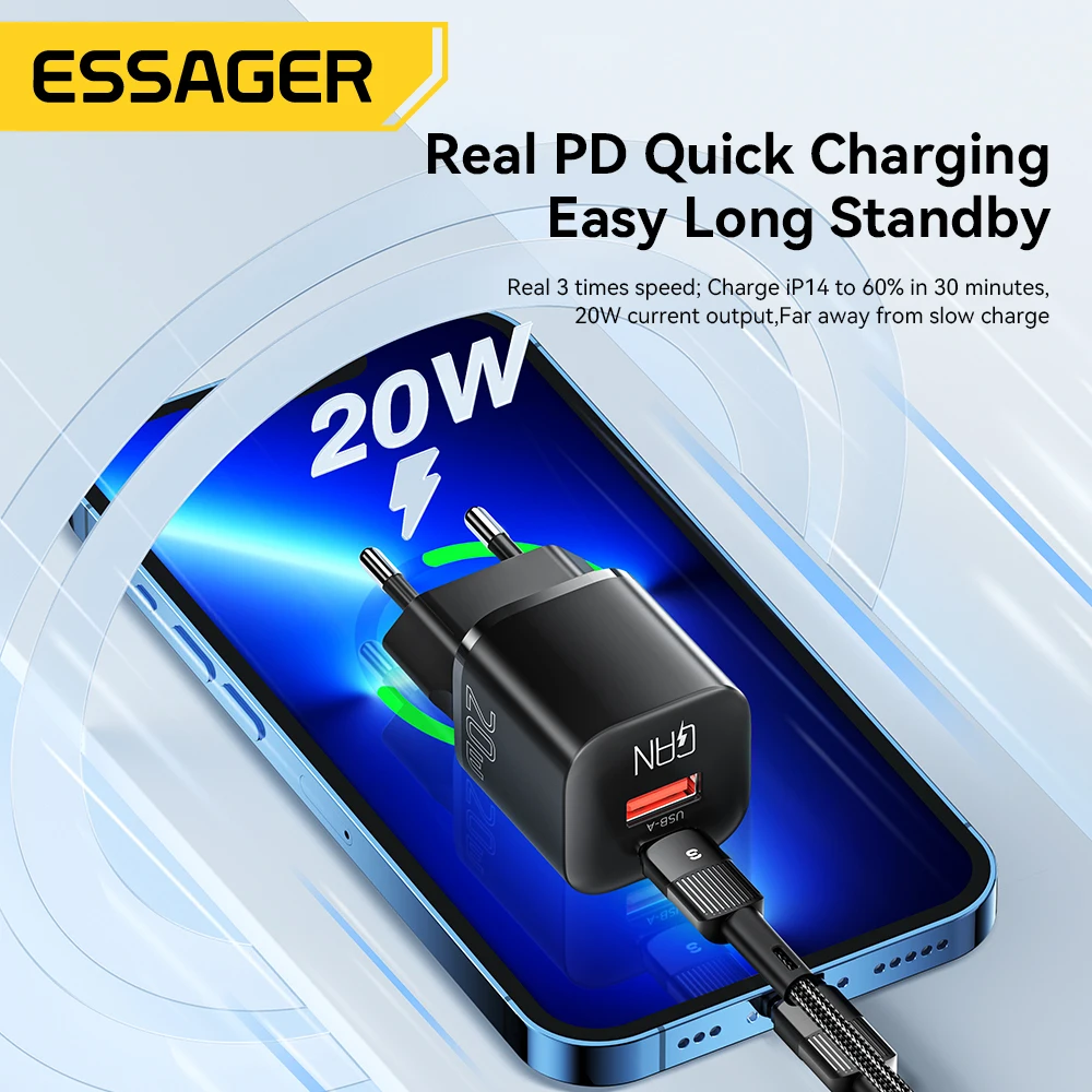 Essager 20W GaN USB 유형 C 충전기 PD 고속 충전 전화 QC 3.0 iPhone 14 13 12 11 Pro Max Mini iPad 충전용 빠른 충전기 이미지 4