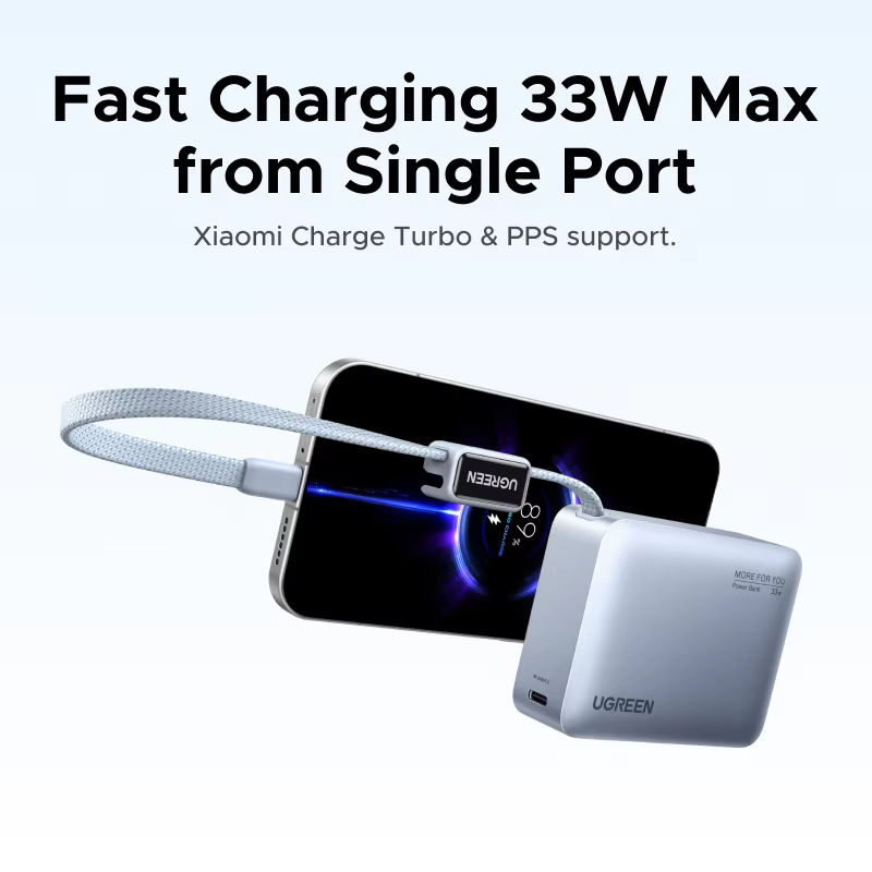 【CCC 인증】UGREEN 미니 33W 10000mAh 보조배터리 내장형 Type-C 케이블 PD 30W 충전기 샤오미 33W 외부 배터리와 호환 가능 보조 배터리 이미지 3