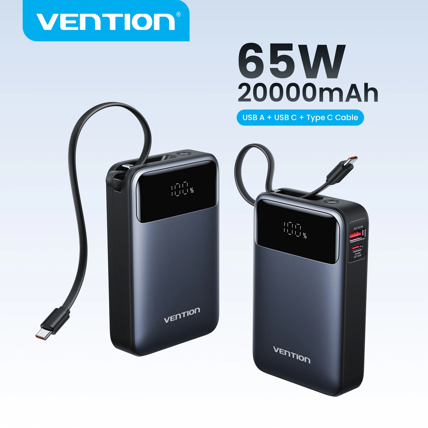 벤션 파워뱅크 20000mAh 휴대용 PD 65W 고속 충전 내장형 C타입 케이블 외장 배터리 아이폰 17 노트북용 이미지 1