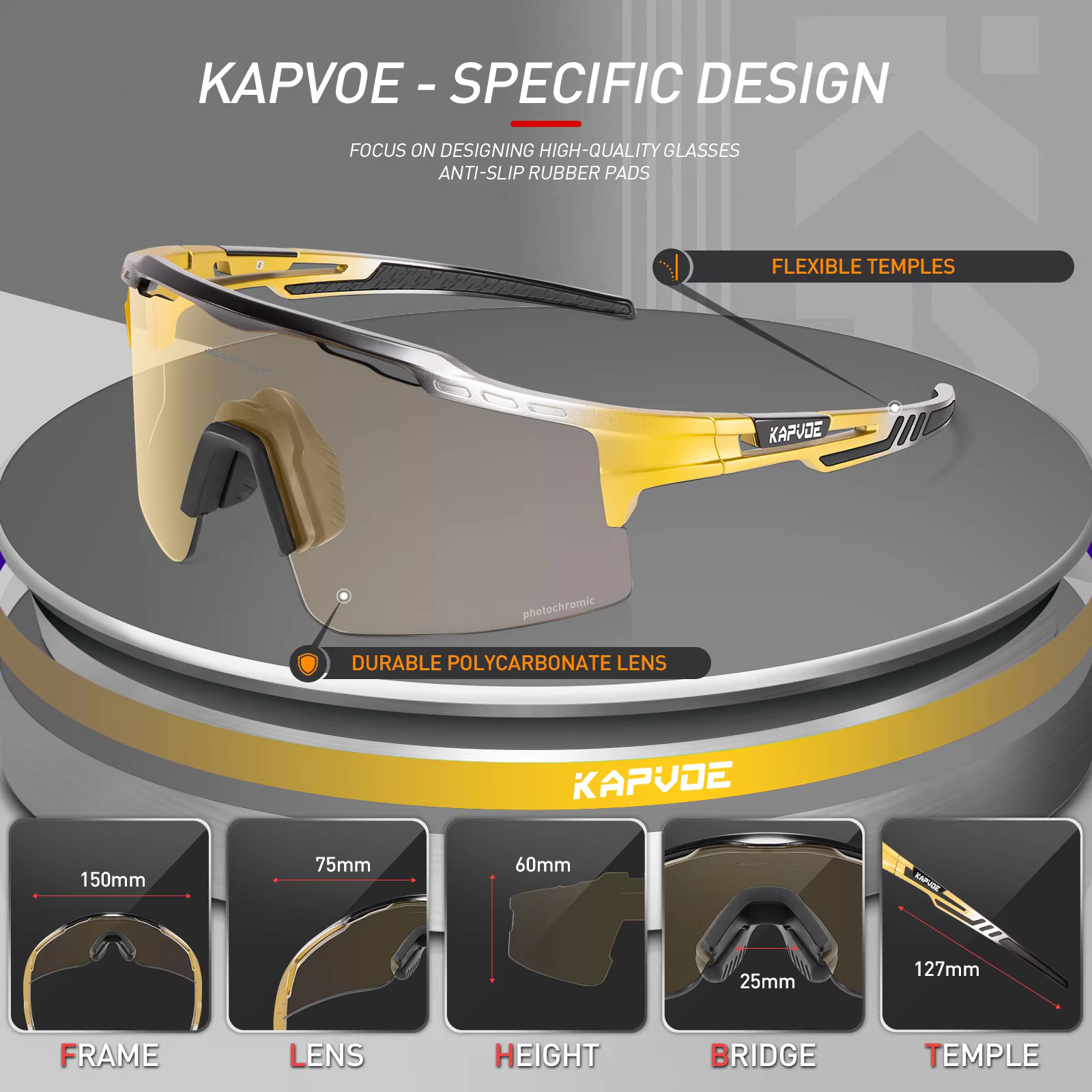 Kapvoe-RED Photochromic Gold 사이클링 안경 스포츠 남성용 선글라스 남성용 자전거 자전거 여성 야외 UV400 자전거 고글 이미지 6