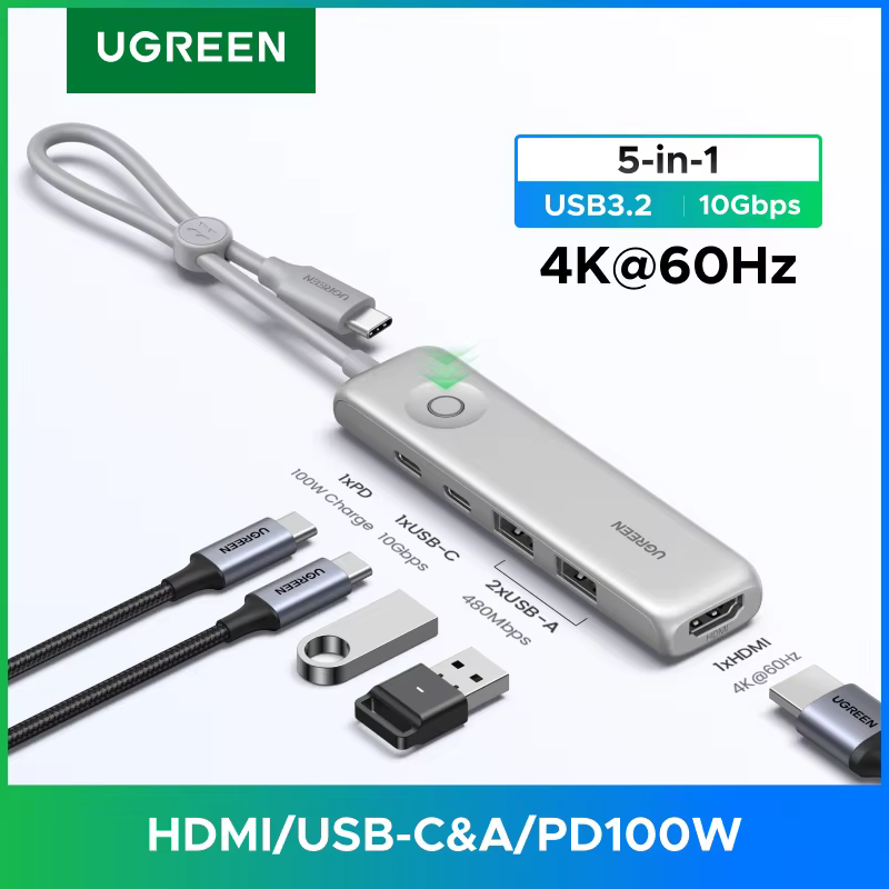 UGREEN 5-in-1 USB-C 허브 USB3.2 Gen2 10Gbps 데이터 전송 타입-C - 4K60Hz HDMI USB2.0 포트 PD100W (노트북, 맥북, HP, 델 호환) 이미지 1