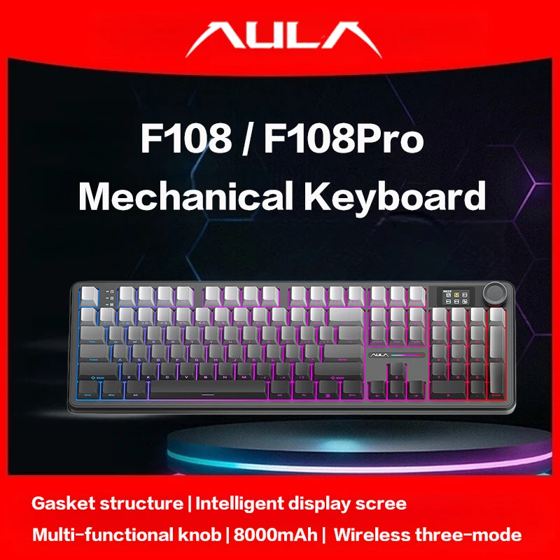 AULA F108Pro/F108 무선 블루투스 트라이 모드 연결, 다기능 디스플레이, 가스켓 구조, RGB 조명 효과 이미지 1