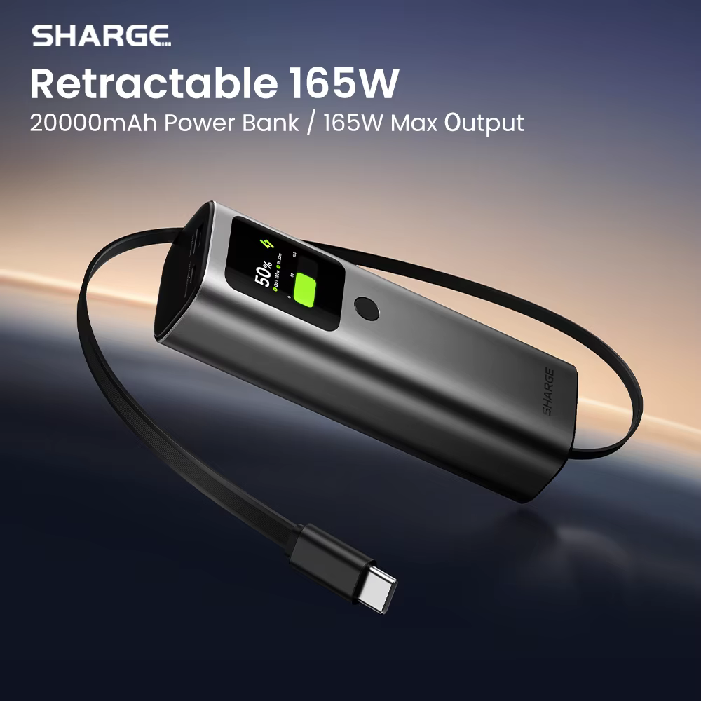 SHARGE 165W 노트북 보조배터리 20000mAh 3포트 고속 충전 내장형 접이식 케이블 (맥북, 아이폰 17, 아이패드 호환) 이미지 1