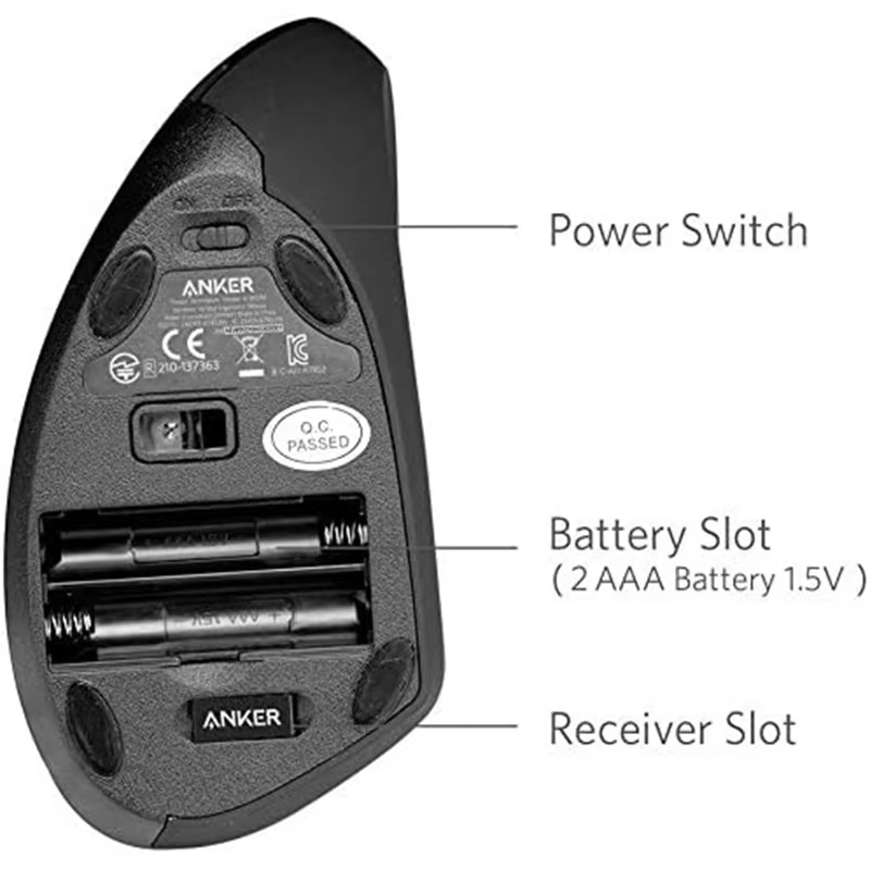 Anker 2.4G 무선 수직 인체공학적 광 마우스, 800/1200/1600 DPI, 노트북, 데스크탑, PC, Macbook용 버튼 5개 - 블랙 이미지 6