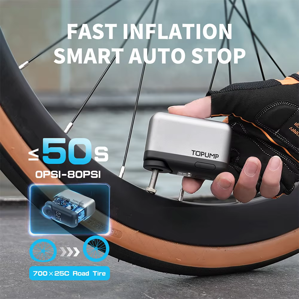TOPUMP TB2 PRO 자전거 무선 타이어 팽창기 용 미니 휴대용 전기 펌프 120PSI 최대 450mAh 배터리 (화면 고속 충전 포함) 이미지 5